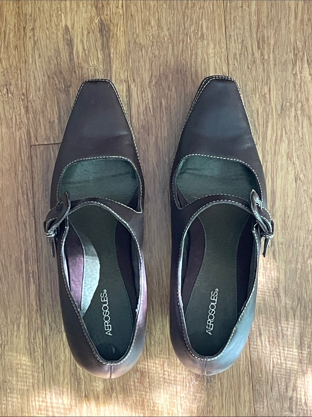 AEROSOLES Brown Leather Mary Jane Heels with Buckle
